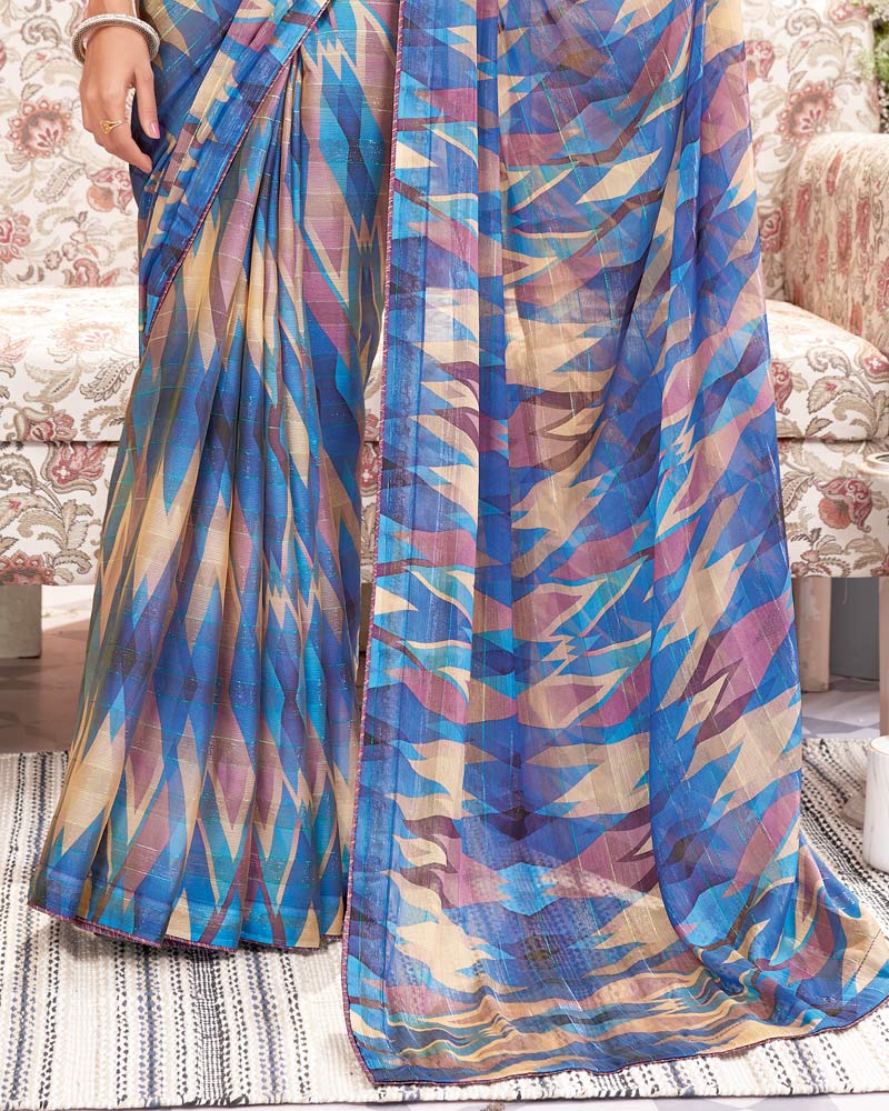 Vishal Prints Ink Blue Fancy Chiffon Digital Print Saree With Core Piping