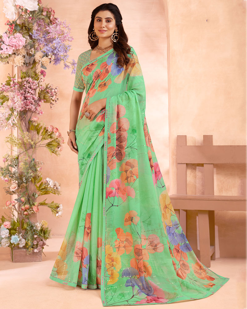 Vishal Prints Pistachio Green Digital Printed Cotton Brasso Saree With Foil Print And Fancy Border