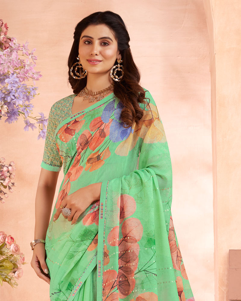 Vishal Prints Pistachio Green Digital Printed Cotton Brasso Saree With Foil Print And Fancy Border