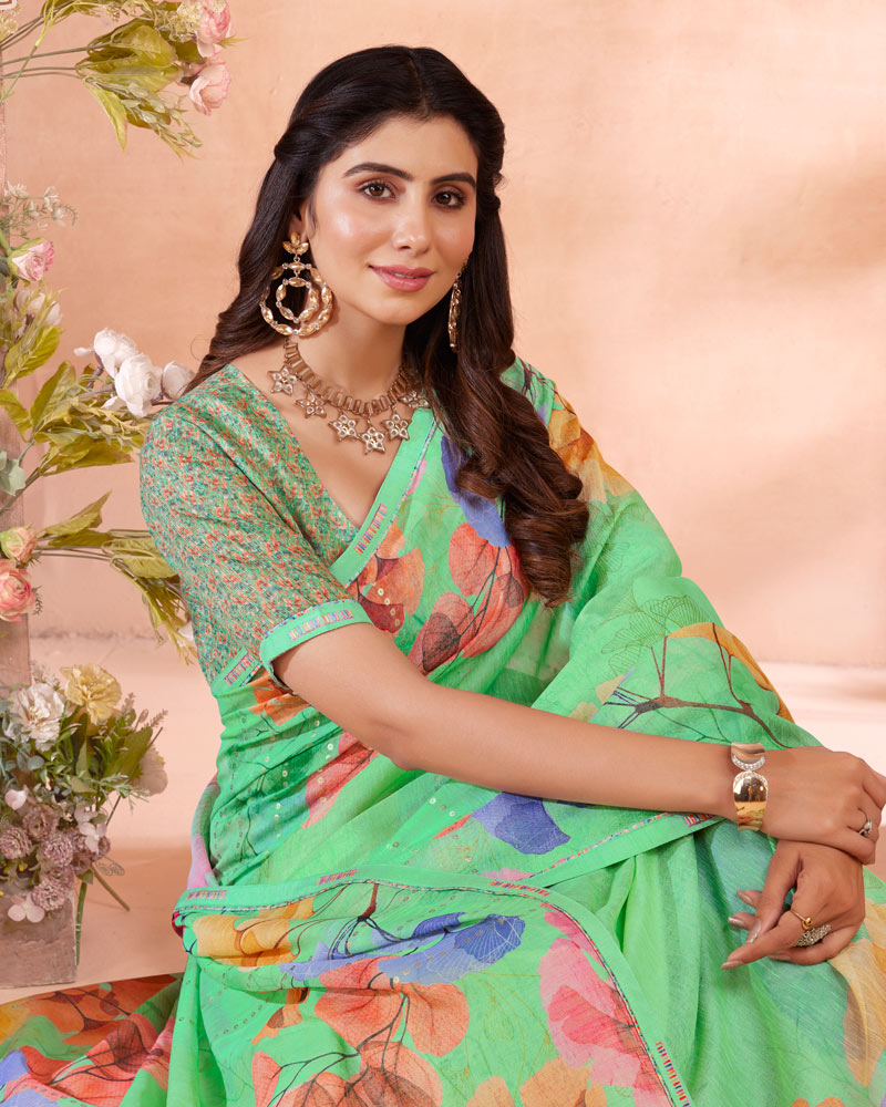 Vishal Prints Pistachio Green Digital Printed Cotton Brasso Saree With Foil Print And Fancy Border