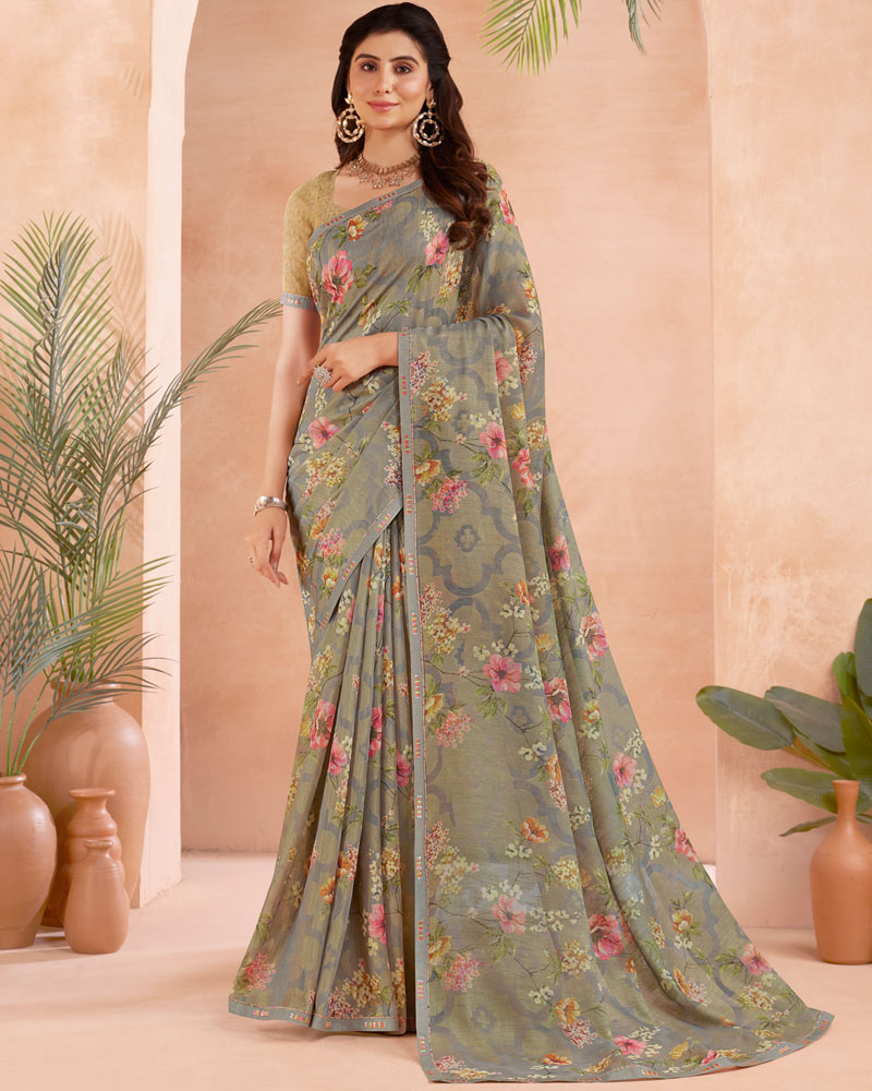 Vishal Prints Flint Grey Digital Printed Cotton Brasso Saree With Fancy Border