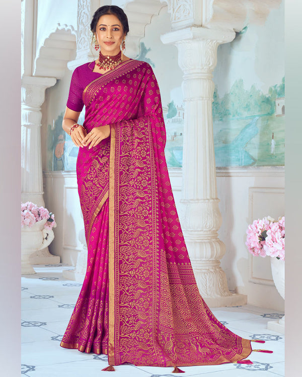 Vishal Prints Fuchsia Designer Silk Brasso Traditional Print Saree With Tassel