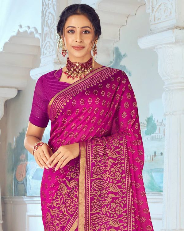 Vishal Prints Fuchsia Designer Silk Brasso Traditional Print Saree With Tassel