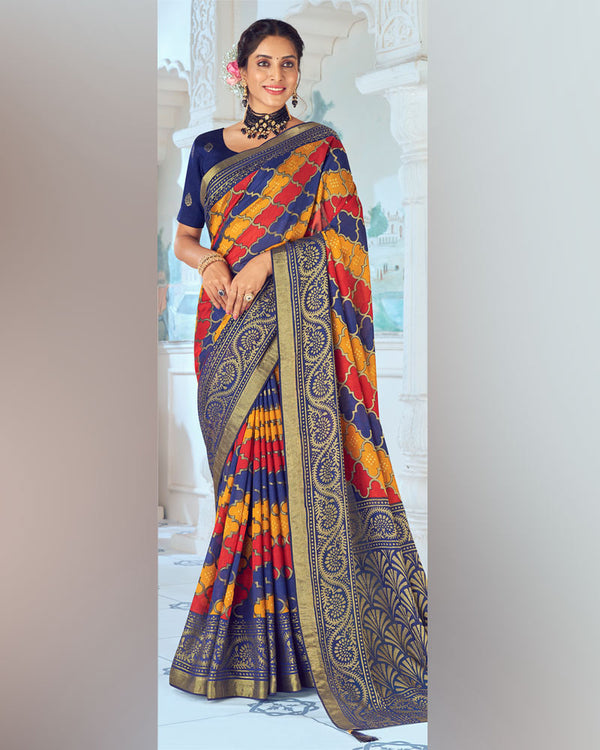 Vishal Prints Ink Blue Designer Silk Brasso Traditional Print Saree With Tassel