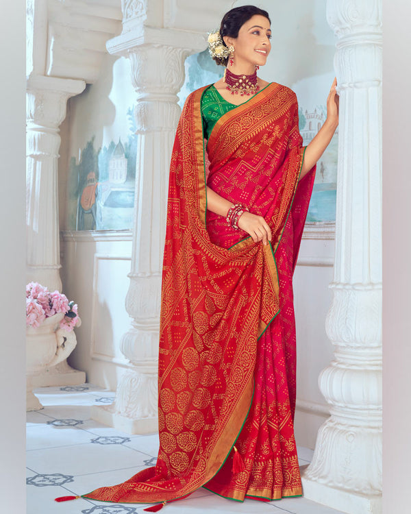 Vishal Prints Red Pink Designer Silk Brasso Traditional Print Saree With Tassel