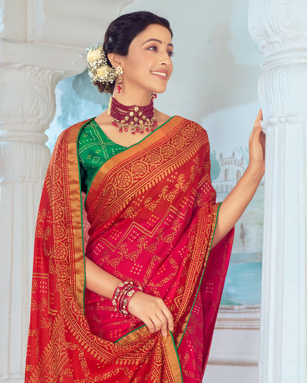 Vishal Prints Red Pink Designer Silk Brasso Traditional Print Saree With Tassel