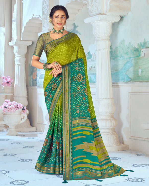 Vishal Prints Olive Yellow Designer Silk Brasso Traditional Print Saree With Tassel