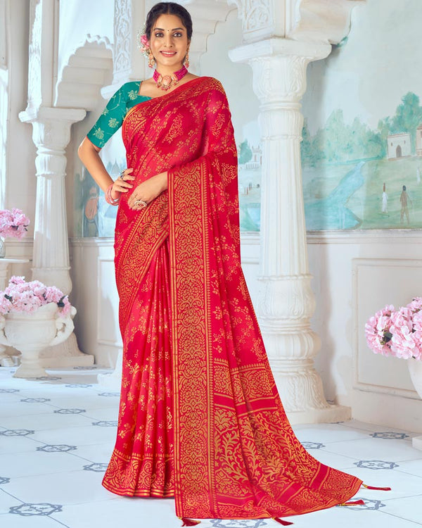 Vishal Prints Red Pink Designer Silk Brasso Traditional Print Saree With Tassel