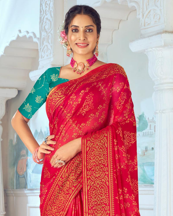 Vishal Prints Red Pink Designer Silk Brasso Traditional Print Saree With Tassel