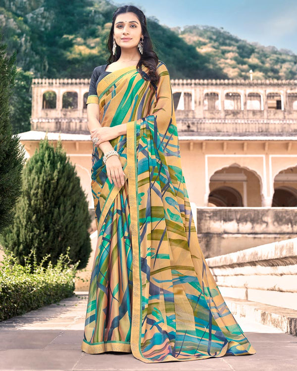 Vishal Prints Sand Brown Moss Chiffon Printed Saree With Border