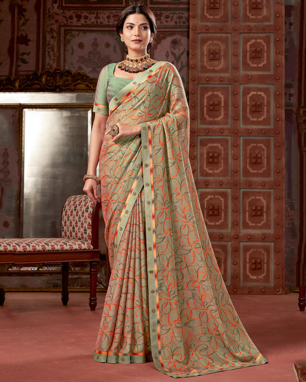 Vishal Prints Turquoise Green Printed Fancy Chiffon Saree With Border