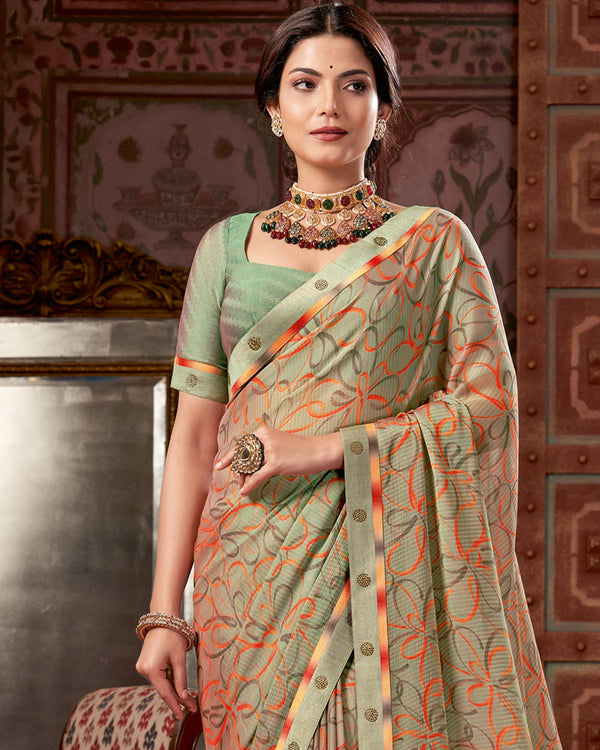 Vishal Prints Turquoise Green Printed Fancy Chiffon Saree With Border