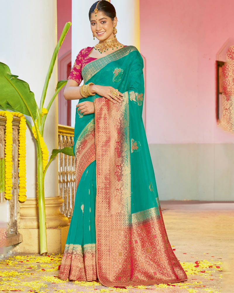 Vishal Prints Aqua Green Organza Zari Weaving Saree With Diamond Work And Tassel