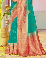 Vishal Prints Aqua Green Organza Zari Weaving Saree With Diamond Work And Tassel