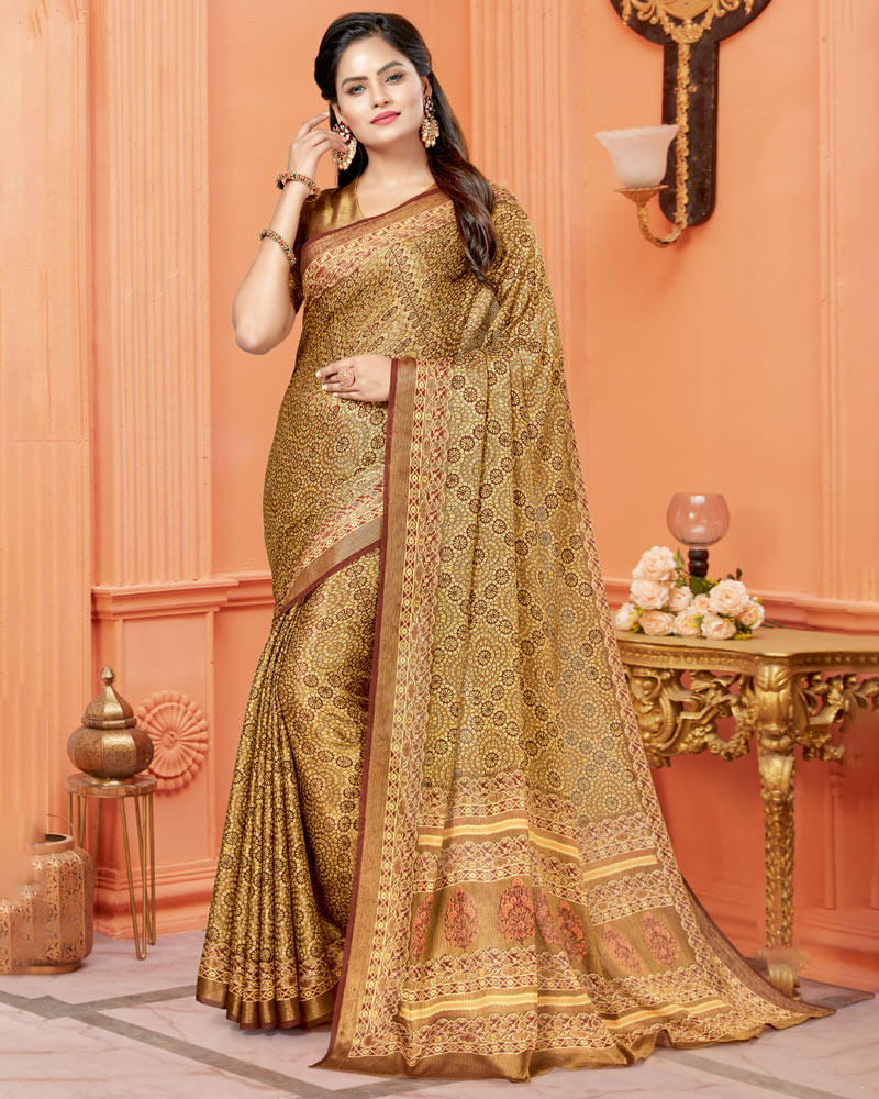 Vishal Prints Dark Sand Digital Print Brasso Saree