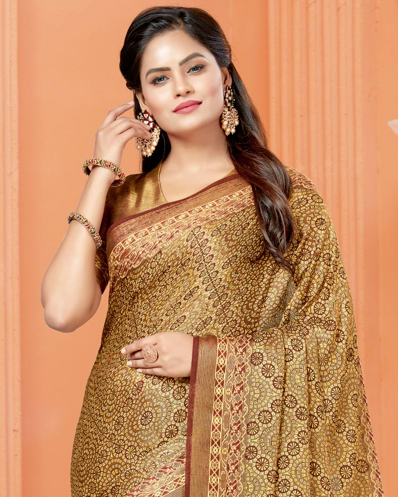 Vishal Prints Dark Sand Digital Print Brasso Saree