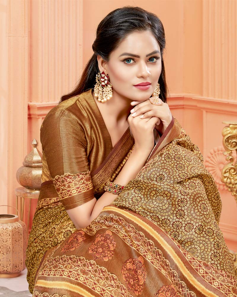 Vishal Prints Dark Sand Digital Print Brasso Saree