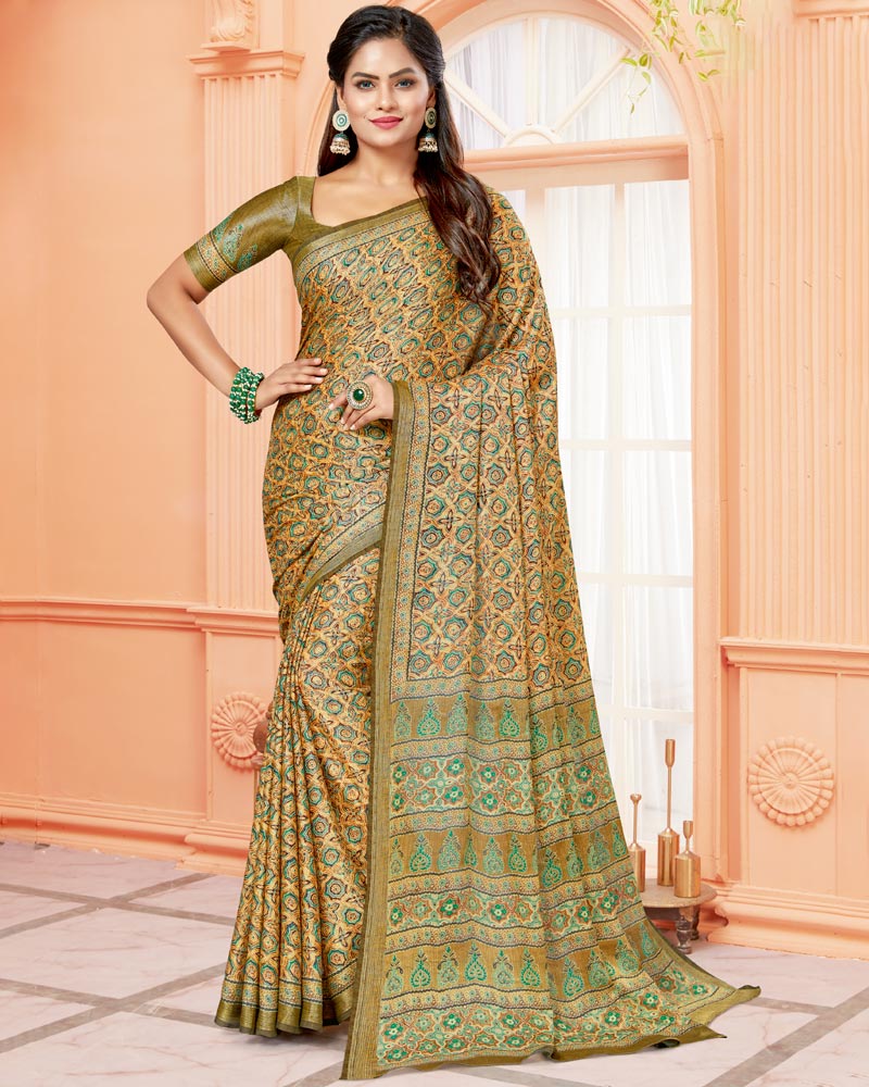 Vishal Prints Orange And Multi Digital Print Brasso Saree