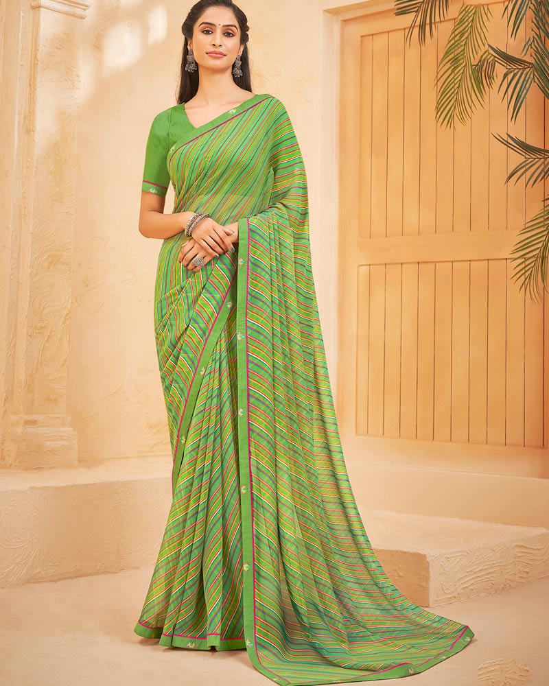 Vishal Prints Olive Green Printed Georgette Saree With Fancy Border