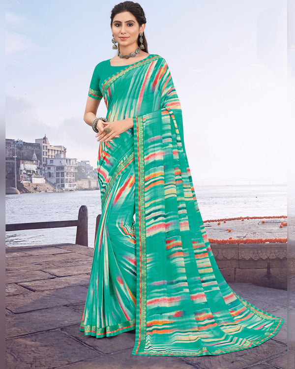 Vishal Prints Aqua Green Printed Patterned Georgette Saree With Border