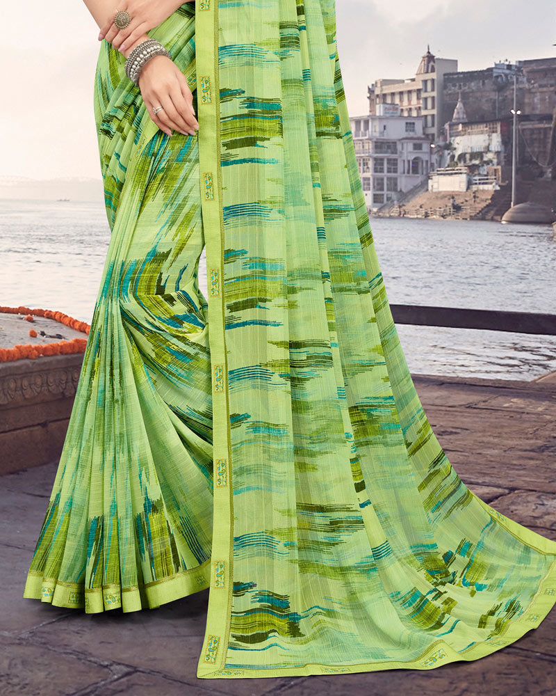 Vishal Prints Pastel Green Printed Patterned Georgette Saree With Border