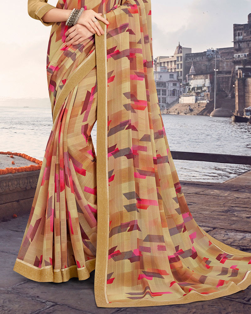 Vishal Prints Fawn Printed Patterned Georgette Saree With Border