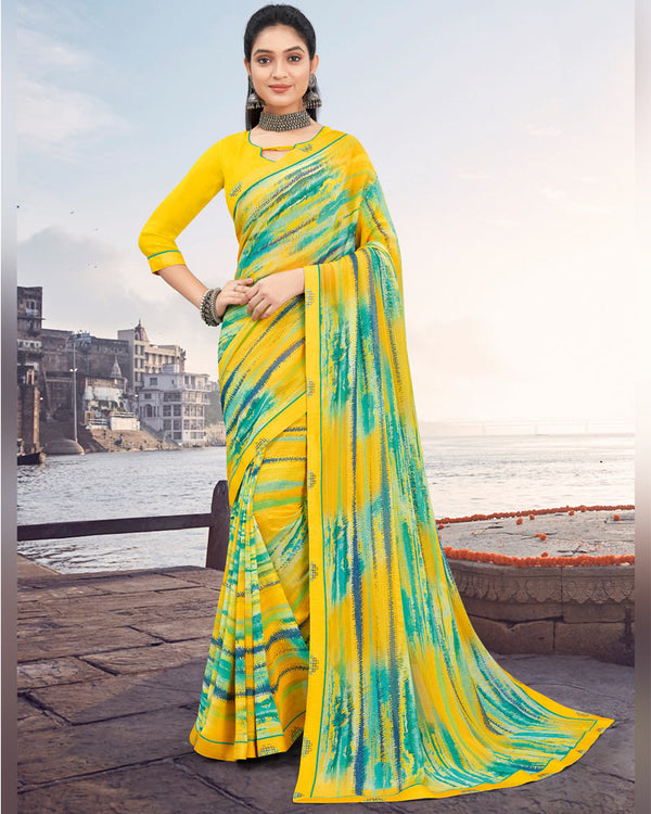 Vishal Prints Dark Yellow Printed Patterned Georgette Saree With Border