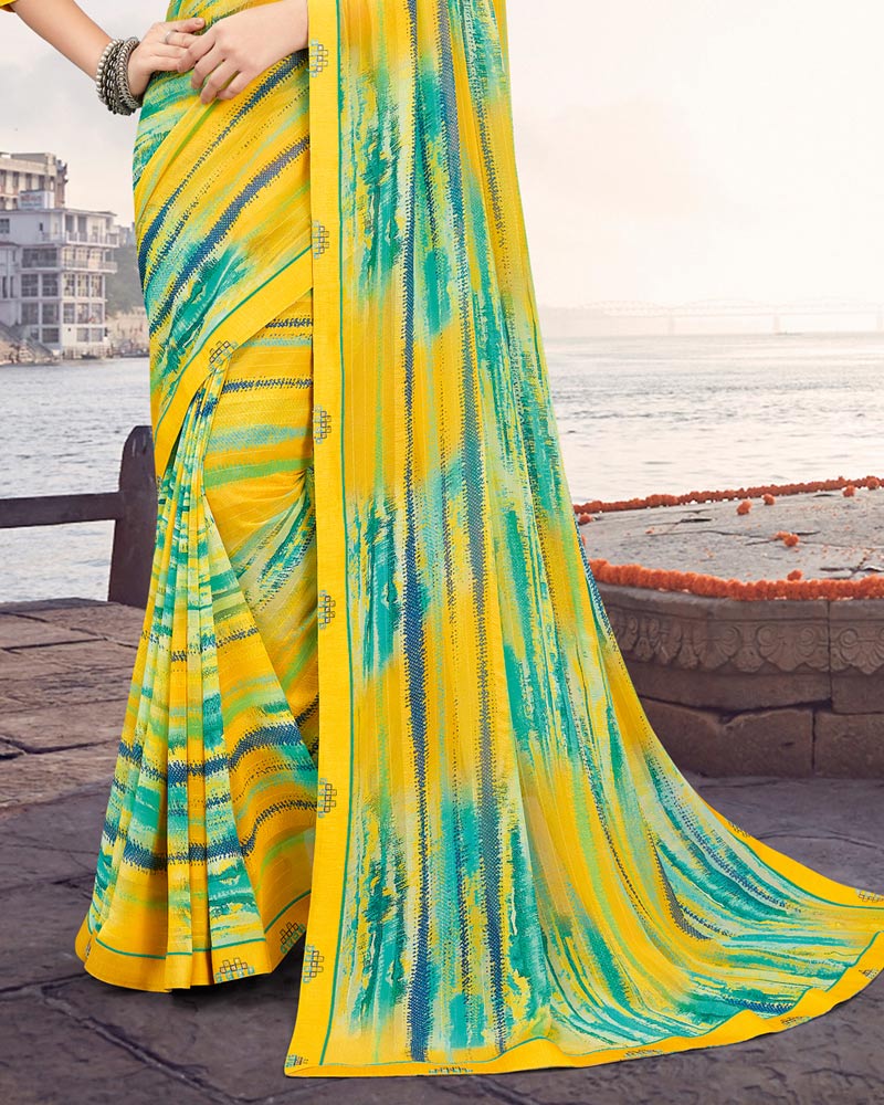 Vishal Prints Dark Yellow Printed Patterned Georgette Saree With Border