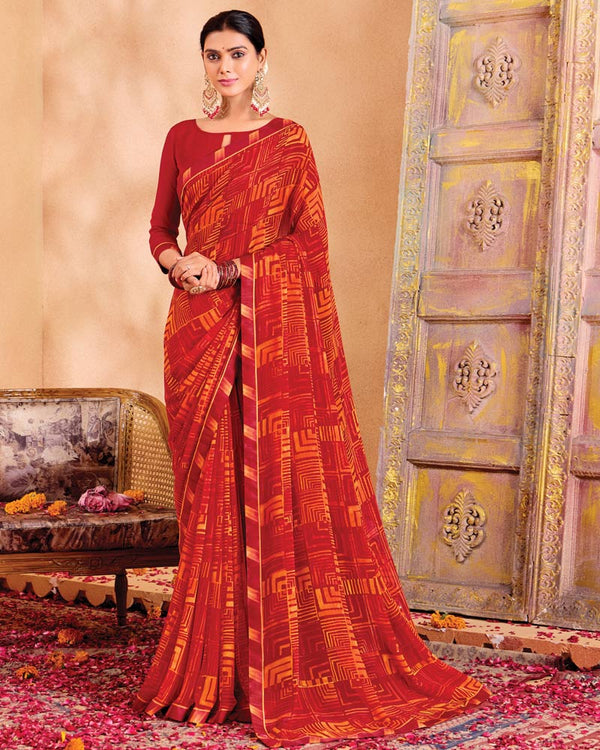 Vishal Prints Dark Red Printed Georgette Saree With Fancy Border