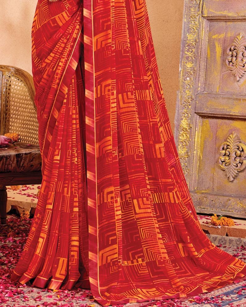 Vishal Prints Dark Red Printed Georgette Saree With Fancy Border