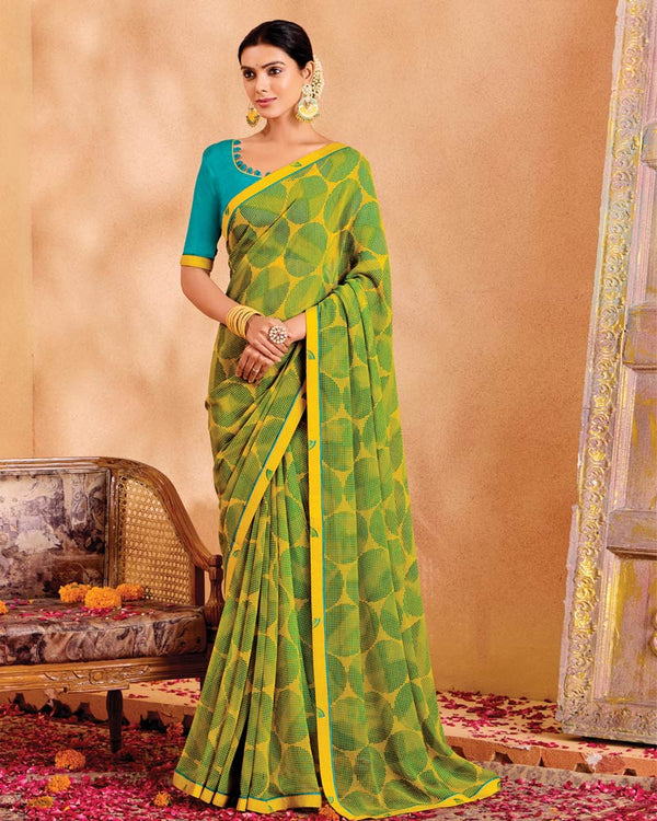 Vishal Prints Olive Yellow Printed Georgette Saree With Fancy Border