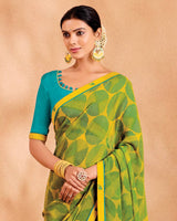 Vishal Prints Olive Yellow Printed Georgette Saree With Fancy Border