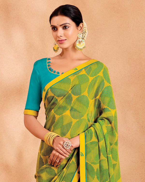 Vishal Prints Olive Yellow Printed Georgette Saree With Fancy Border