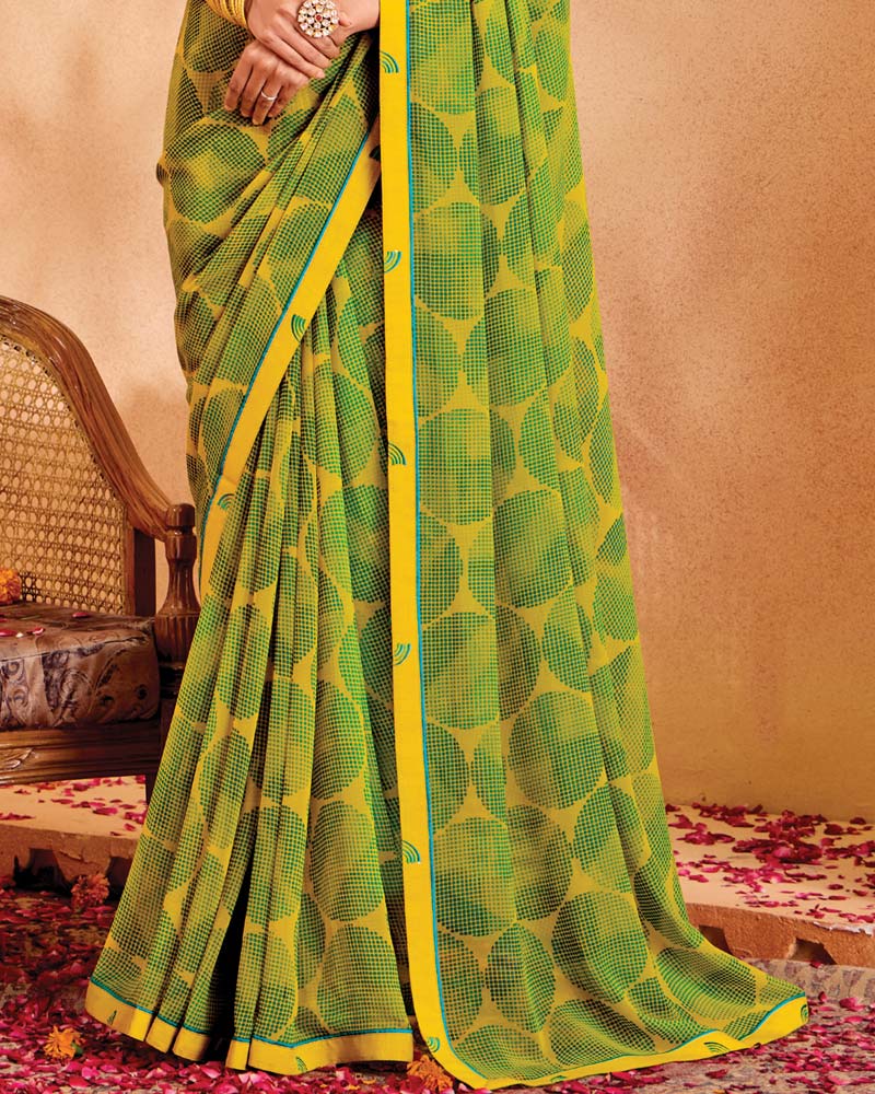 Vishal Prints Olive Yellow Printed Georgette Saree With Fancy Border