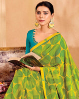 Vishal Prints Olive Yellow Printed Georgette Saree With Fancy Border