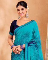 Vishal Prints Dark Turquoise Blue Printed Georgette Saree With Fancy Border