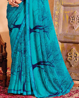 Vishal Prints Dark Turquoise Blue Printed Georgette Saree With Fancy Border