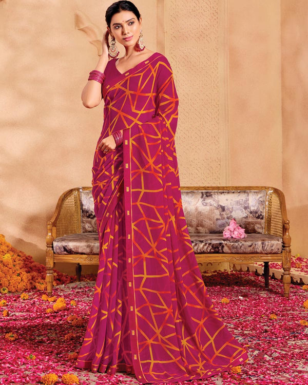 Vishal Prints Dark Cherry Pink Printed Georgette Saree With Fancy Border