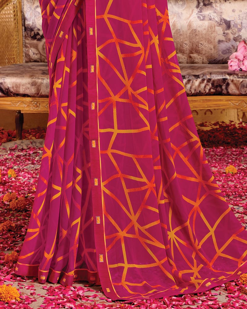 Vishal Prints Dark Cherry Pink Printed Georgette Saree With Fancy Border