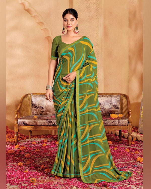 Vishal Prints Mehandi Green Printed Georgette Saree With Fancy Border