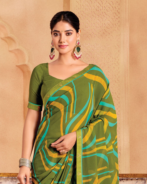 Vishal Prints Mehandi Green Printed Georgette Saree With Fancy Border