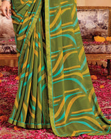 Vishal Prints Mehandi Green Printed Georgette Saree With Fancy Border