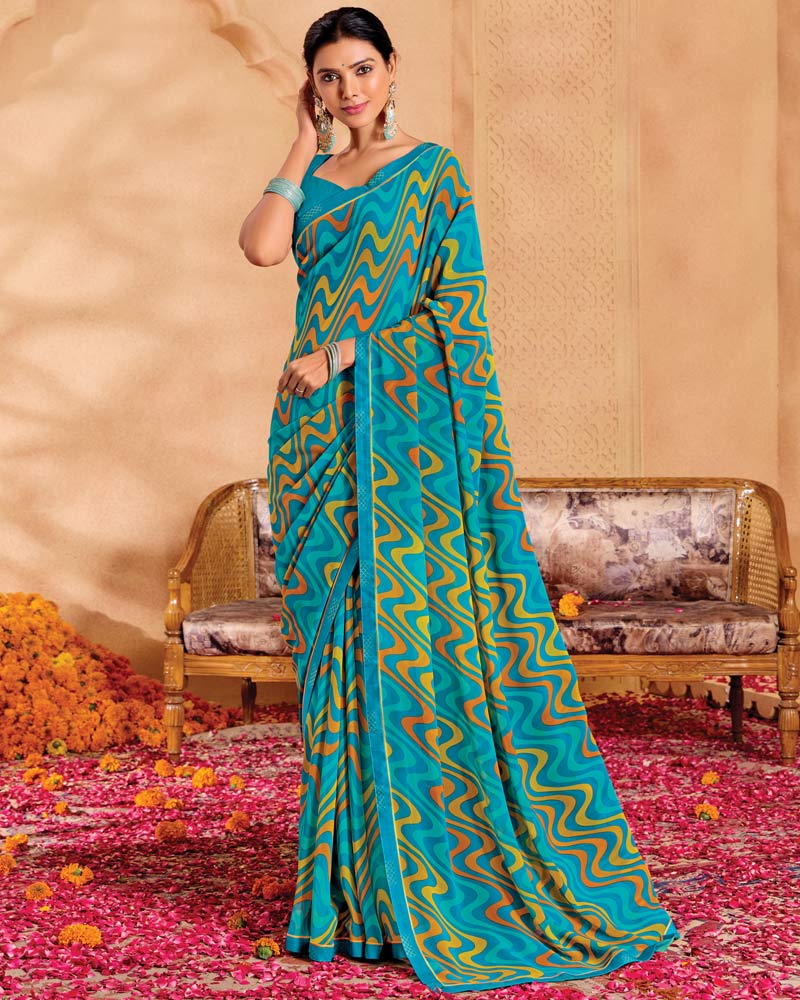 Vishal Prints Sky Blue Printed Georgette Saree With Fancy Border