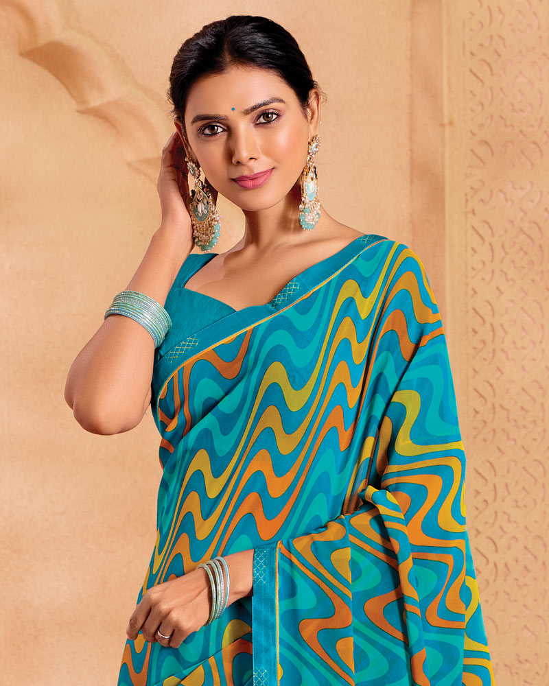 Vishal Prints Sky Blue Printed Georgette Saree With Fancy Border