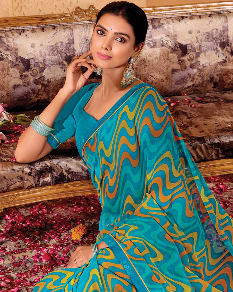 Vishal Prints Sky Blue Printed Georgette Saree With Fancy Border