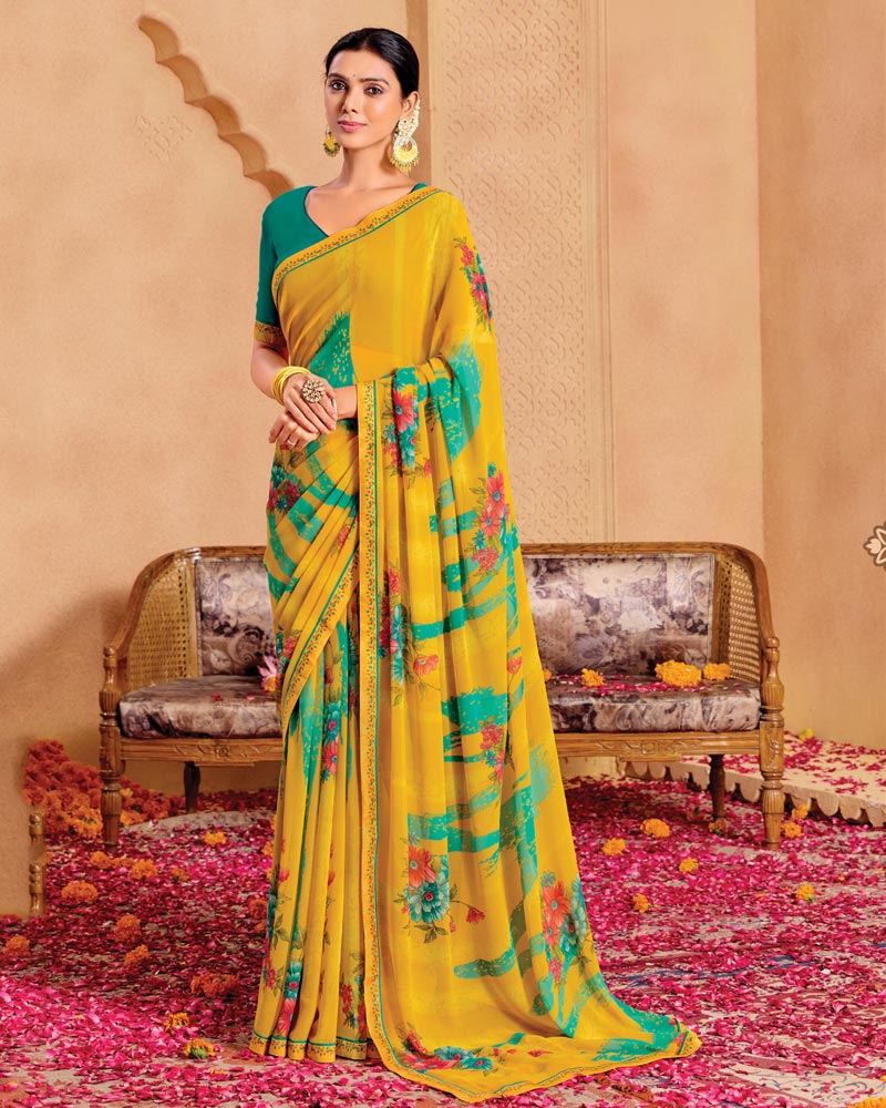 Vishal Prints Dark Yellow Printed Georgette Saree With Fancy Border