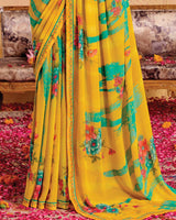 Vishal Prints Dark Yellow Printed Georgette Saree With Fancy Border