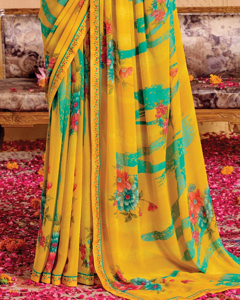 Vishal Prints Dark Yellow Printed Georgette Saree With Fancy Border