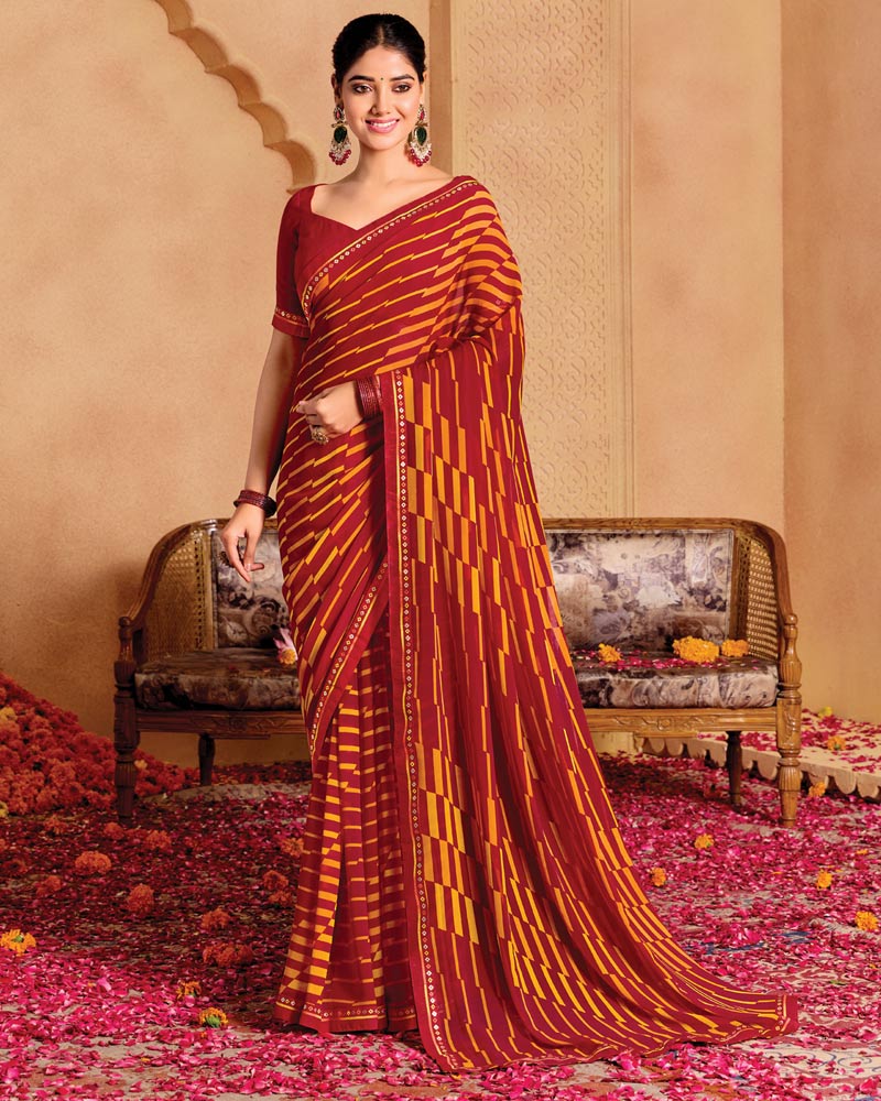 Vishal Prints Dark Red Printed Georgette Saree With Fancy Border