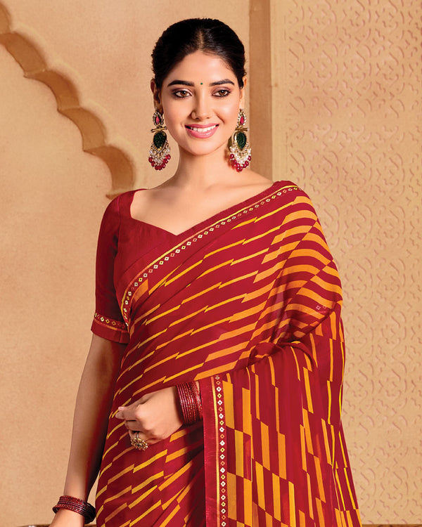 Vishal Prints Dark Red Printed Georgette Saree With Fancy Border